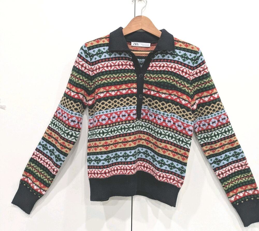 Zara Fair Isle Knit Polo Sweater - Multi-Color Jacquard - Size Medium